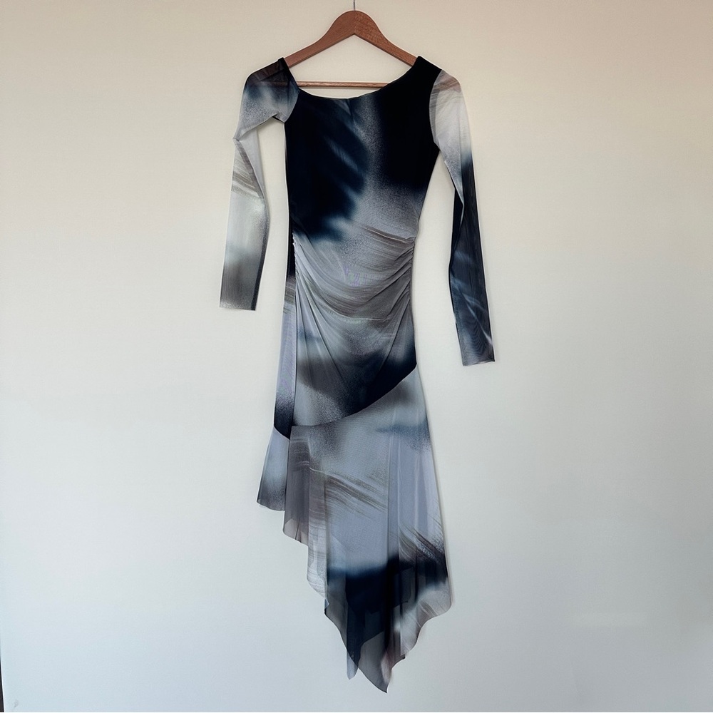 Bershka Off Shoulder Long Sleeve Blue Gray Abstract Patterned Mesh Midi Dress